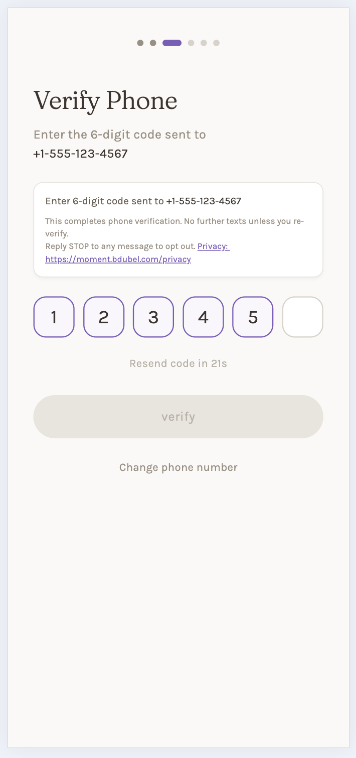 OTP verification screen with consent reminder